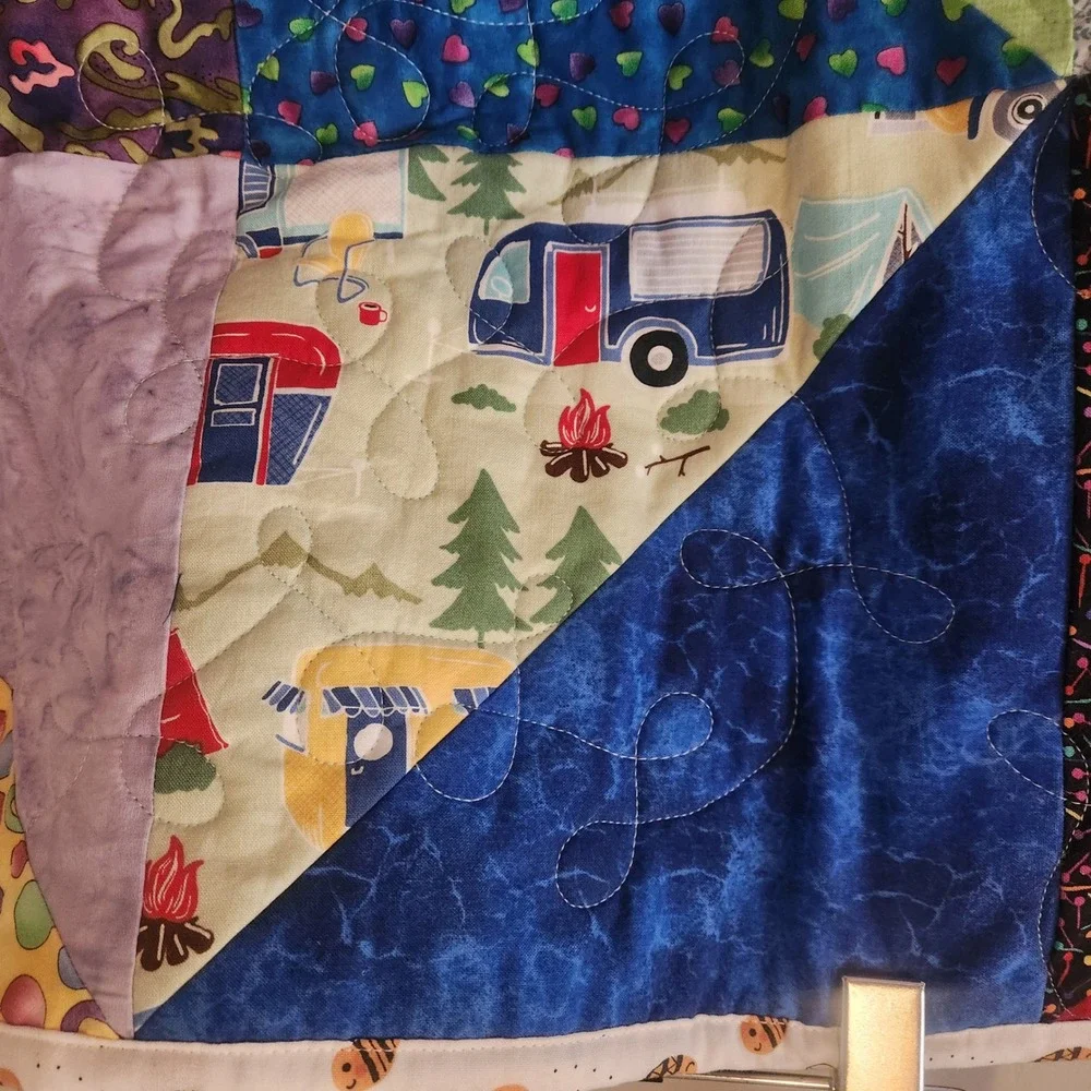 Handmade Patchwork Baby Quilt 41x55 Bee Print Cotton Reversible Nursery Decor